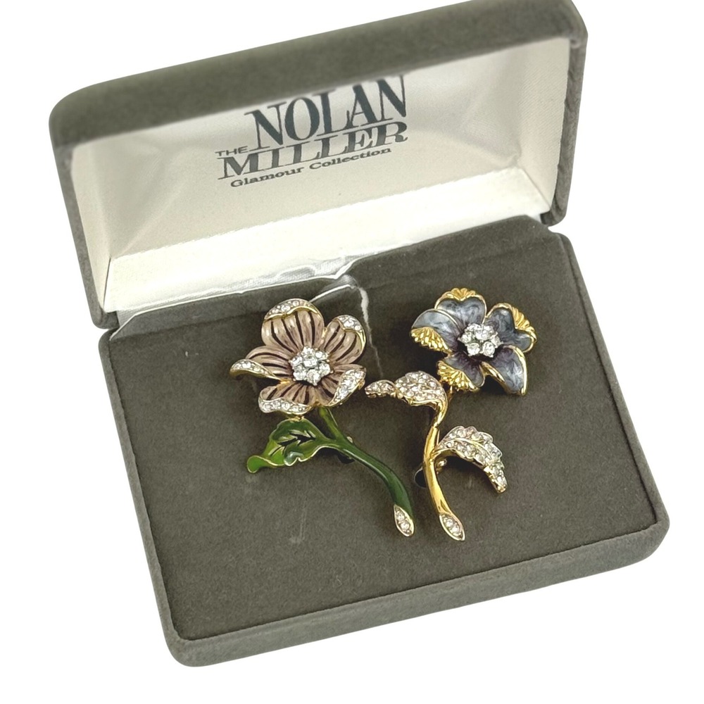 Vintage Nolan Miller Glamour Collection Enamel Rhinestone‎ Flower Brooch Set